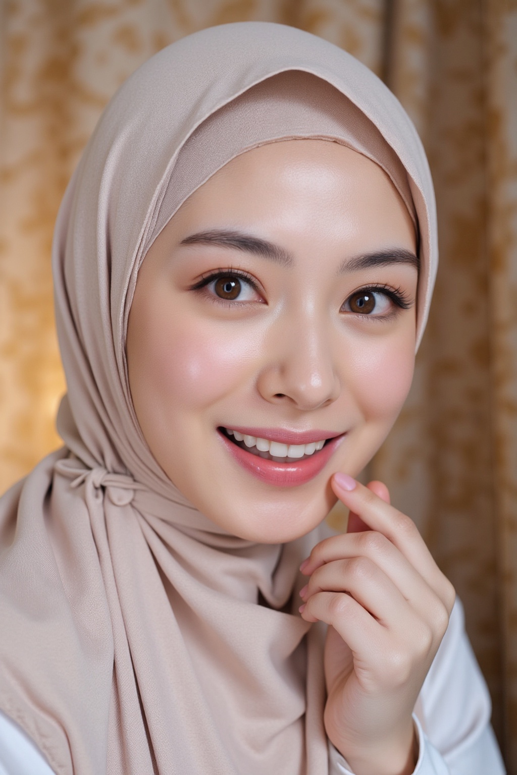 A stunning teenage hijabi girl with flawless model-like facial features,  flawless light pale skin,  youthful innocent cha...
