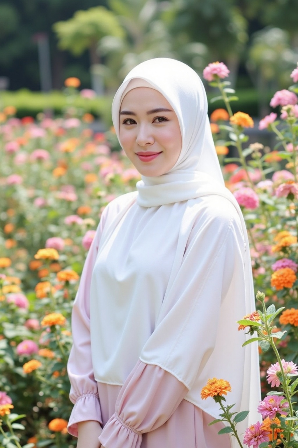 A photograph featuring a woman adorned in a pristine white hijab,  standing amidst a vibrant flower garden. Utilize natura...