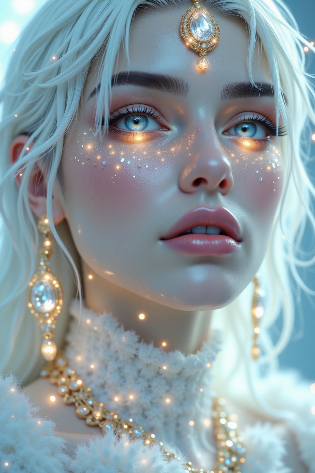 close,  albino woman with glowing eyes and hair in white gold jewelry,  light painting on Tensor.Art