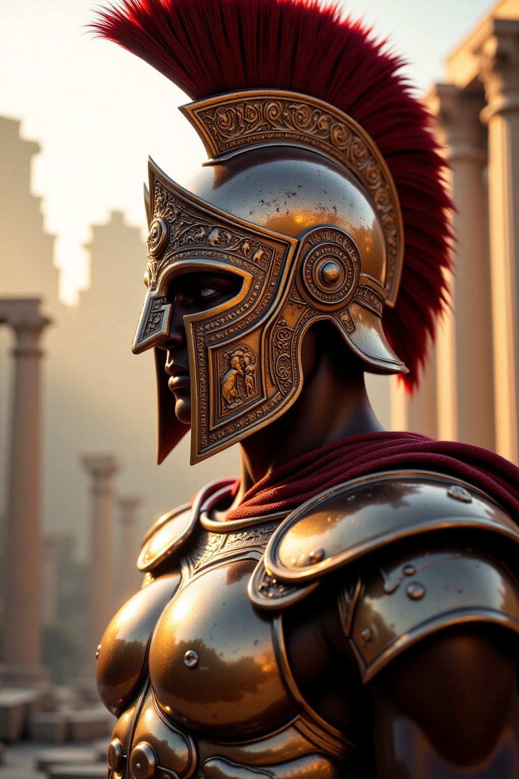 A close-up of an eternal Spartan warrior wearing a magnificent bronze helmet adorned with intricate engravings and battle-...