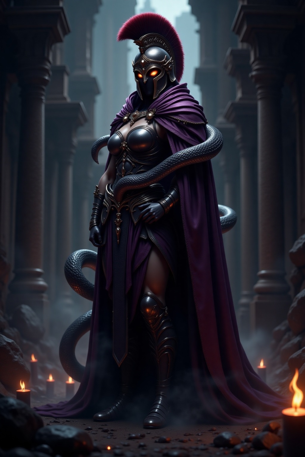 A legendary figure combining the essence of an ancient Spartan warrior,  a dark sovereign,  and an enchanting sorceress. T...
