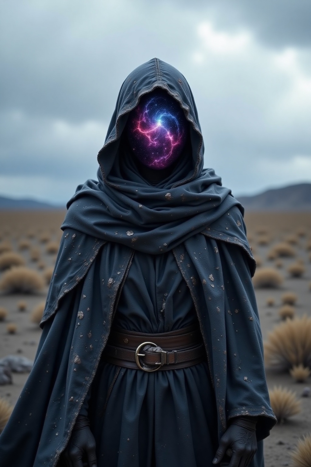 A hooded figure stands alone in a desolate,  barren landscape under a cloudy sky. Their face is hidden,  replaced by a mes...