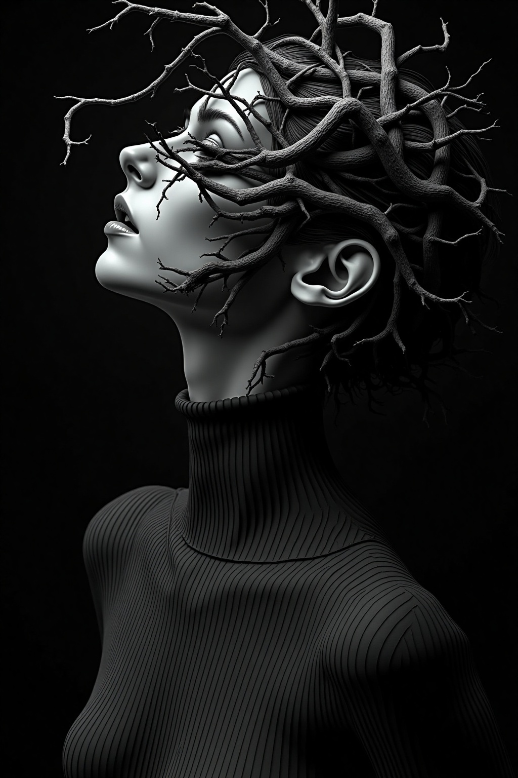 This is a high-resolution,  black-and-white photograph of a person with their face partially obscured by a mass of tangled...