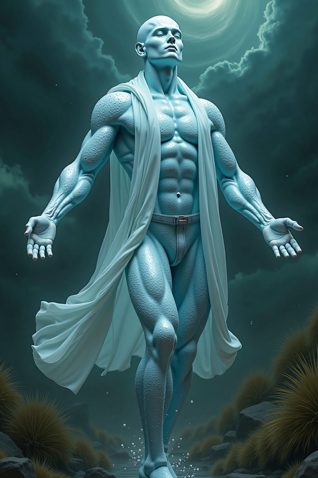 A life-sized,  translucent figure composed of crystalline water droplets,  suspended in mid-air on Tensor.Art