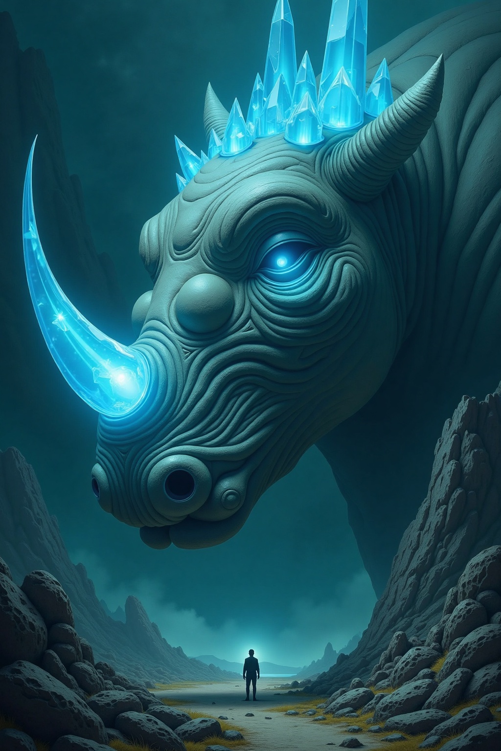 A surreal and captivating painting depicting a massive,  slumbering rhinoceros with a glowing blue crystal horn,  dominati...