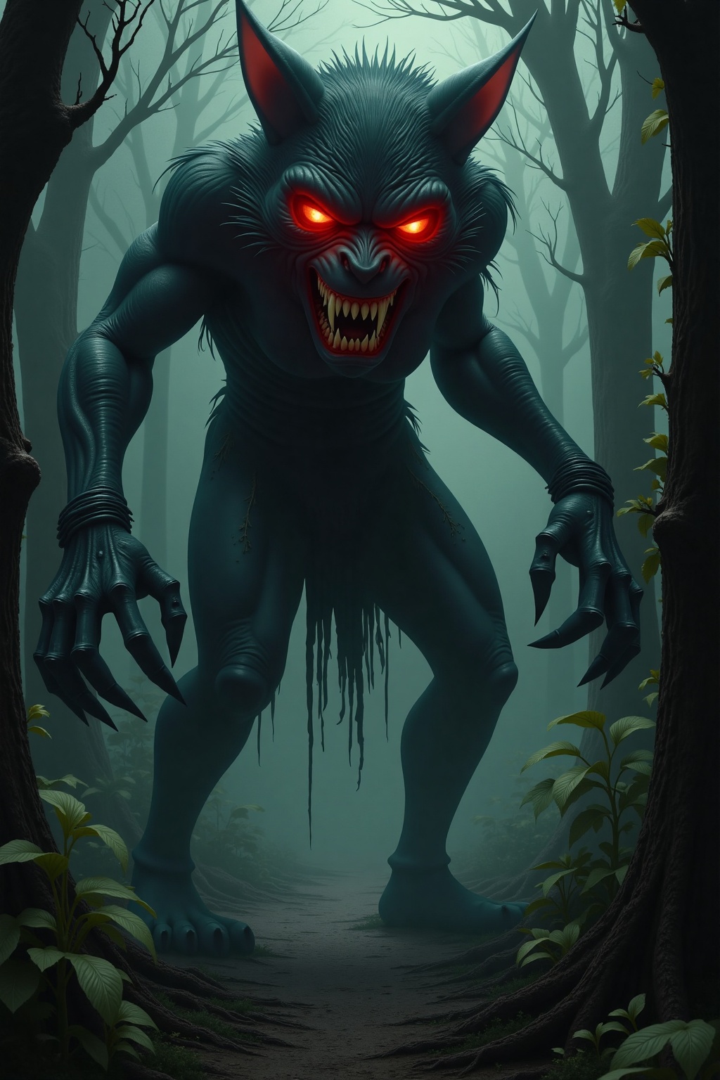 A giant cat monster with large claws and torn clothes,  in a dark haunted forest,  face coming close to the viewer with gl...