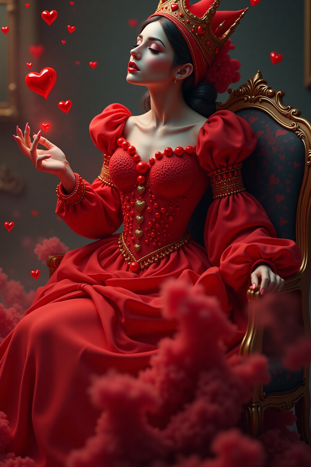 Create a hyperdetailed photorealistic macro image of a queen of hearts playing card lying on a card table. The queen is co...