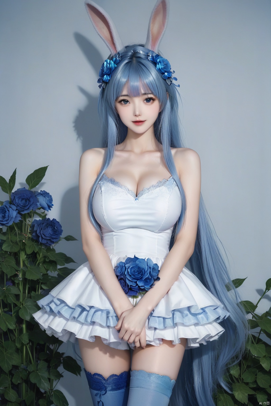 masterpiece, best quality, masterpiece,best quality,official art,extremely detailed CG unity 8k wallpaper,1girl,solo,long hair,looking at viewer,bangs,skirt,hair ornament,thighhighs,dress,animal ears,bare shoulders,very long hair,blue hair,flower,hair flower,rabbit ears,blue thighhighs,frilled skirt,plant,blue flower,blue rose,upper body,cleavage 