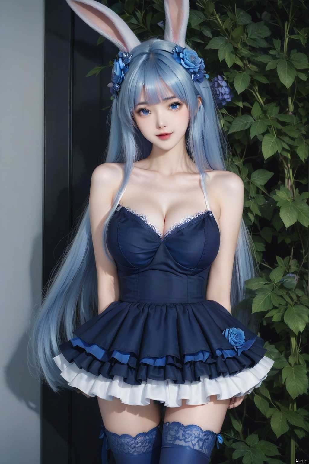 masterpiece, best quality, masterpiece,best quality,official art,extremely detailed CG unity 8k wallpaper,1girl,solo,long hair,looking at viewer,bangs,blue eyes,skirt,hair ornament,thighhighs,dress,animal ears,bare shoulders,very long hair,blue hair,flower,hair flower,rabbit ears,blue thighhighs,frilled skirt,plant,blue flower,blue rose,upper body,cleavage 