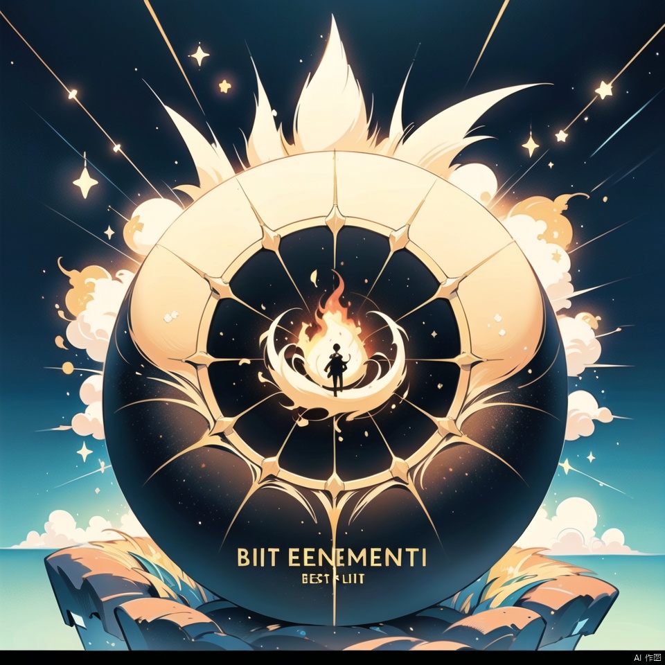 (best quality:1.4), album cover, English text, dot effect, ice element and fire element, star\(sky\), no humans,