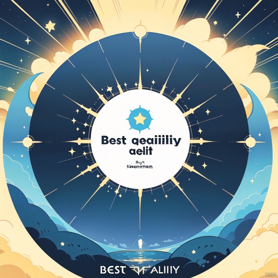 (best quality:1.4), (album cover:1), English text, dot effect, no humans, star\(sky\), dawn element, water element\(creature\),