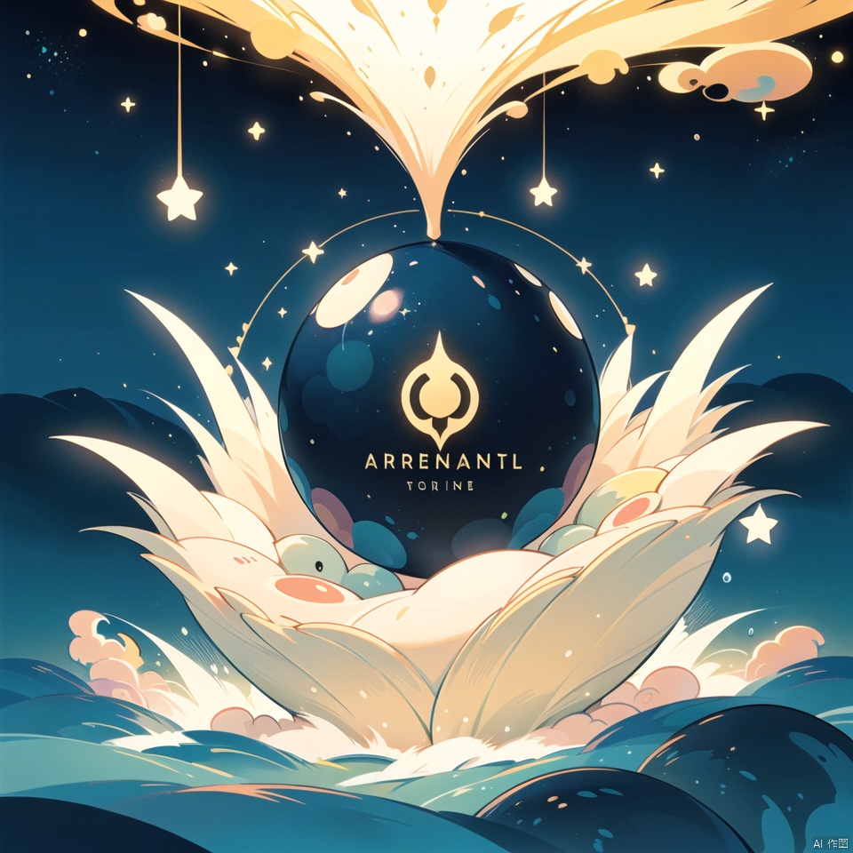 (best quality:1.4), album cover, English text, dot effect, no humans, star\(sky\), water element, water element\(creature\),