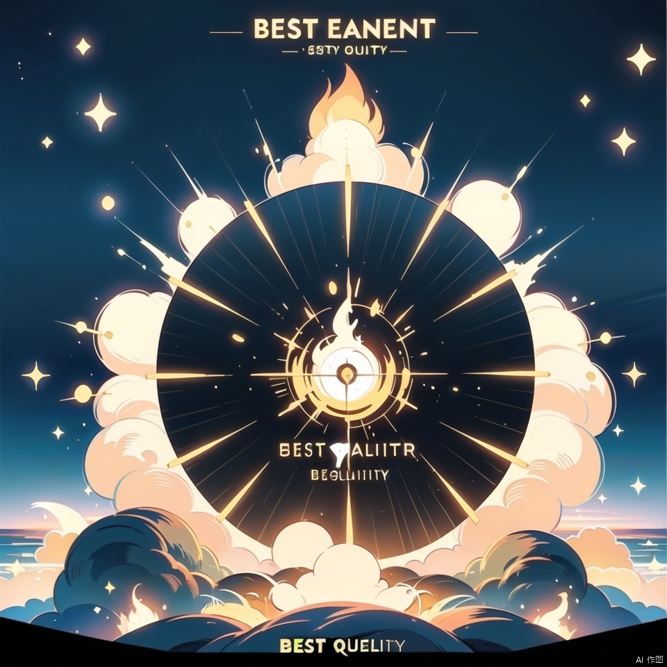 (best quality:1.4), album cover, English text, dot effect, ice element and fire element, star\(sky\), no humans,