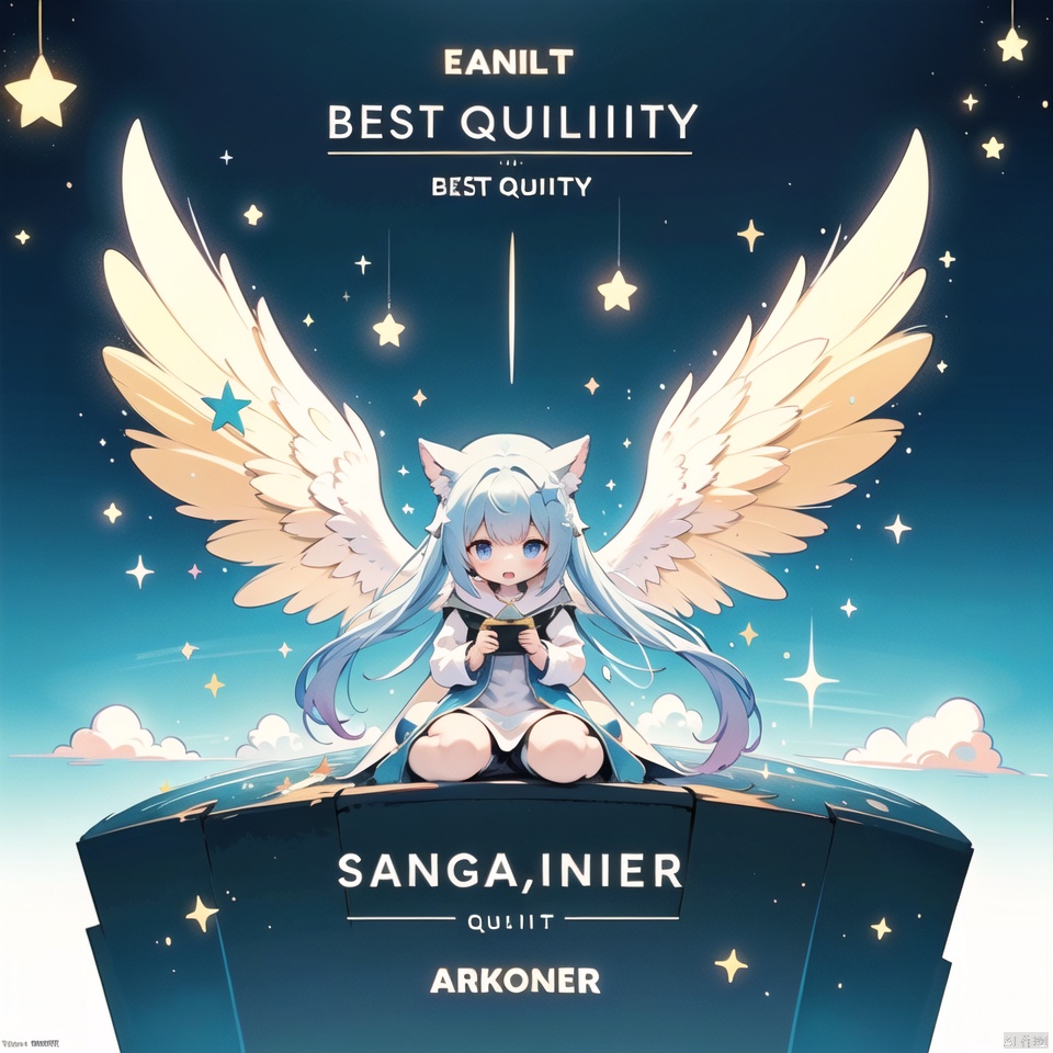 (best quality:1.4), (album cover:1), English text, dot effect, star\(sky\), angles, angle wings