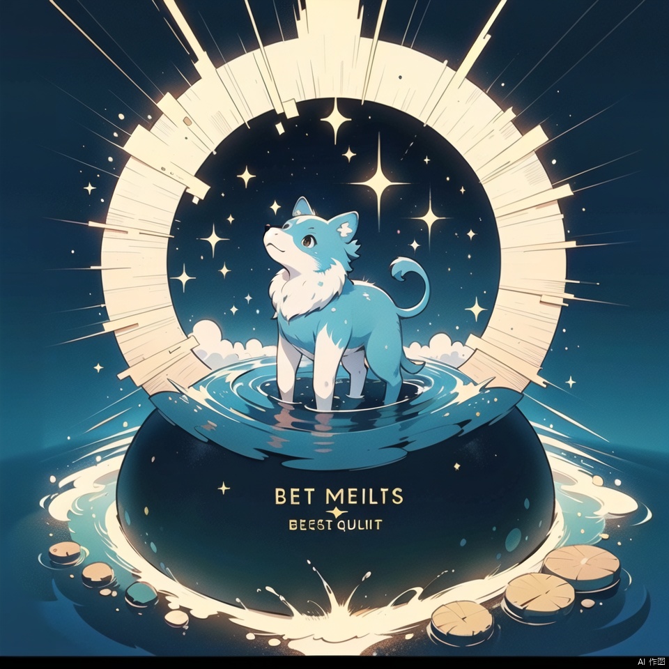 (best quality:1.4), (album cover:1), English text, dot effect, no humans, star\(sky\), furry, water element, water element\(creature\),