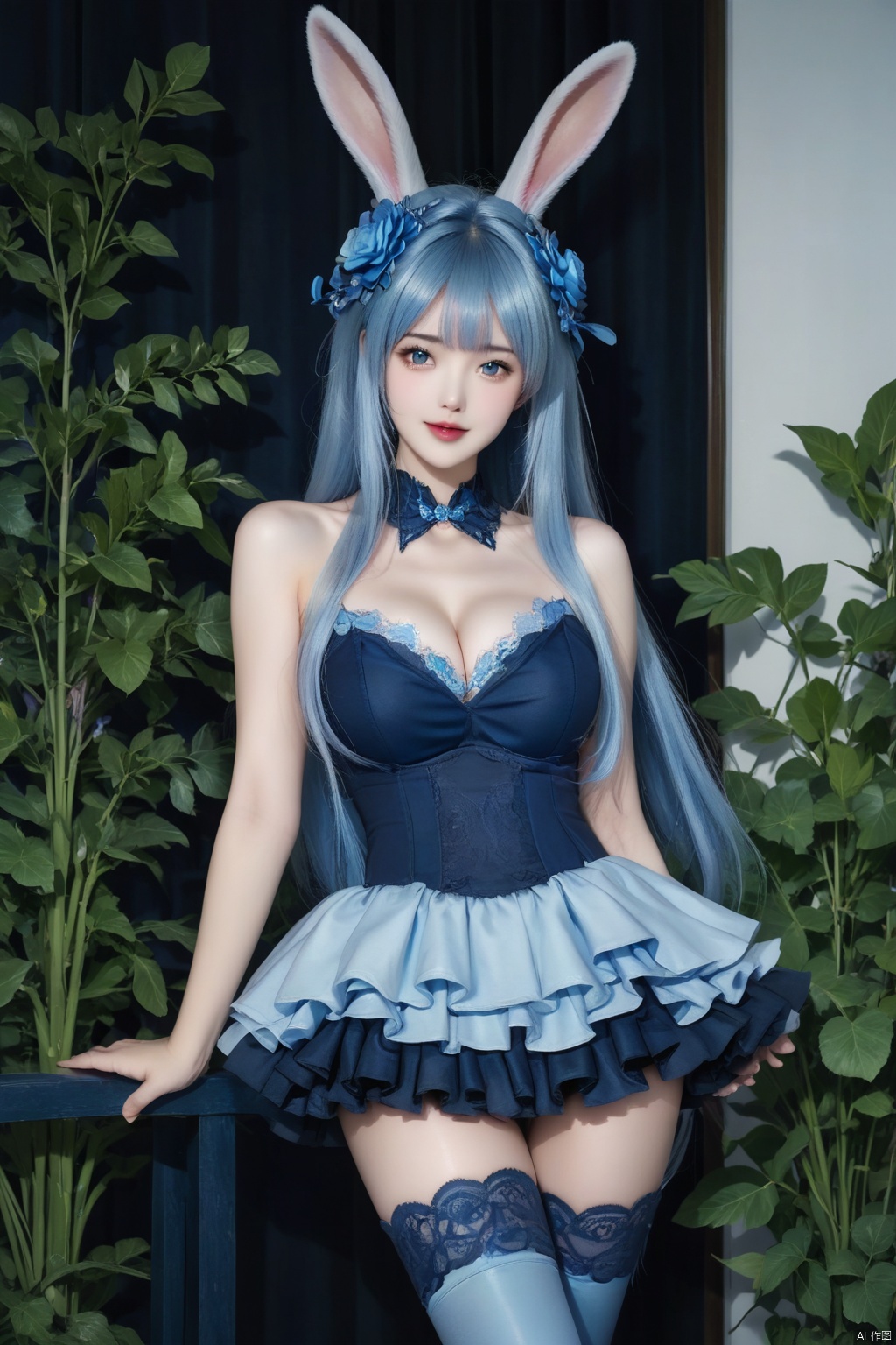 masterpiece, best quality, masterpiece,best quality,official art,extremely detailed CG unity 8k wallpaper,1girl,solo,long hair,looking at viewer,bangs,skirt,hair ornament,thighhighs,dress,animal ears,bare shoulders,very long hair,blue hair,flower,hair flower,rabbit ears,blue thighhighs,frilled skirt,plant,blue flower,blue rose,upper body,cleavage 