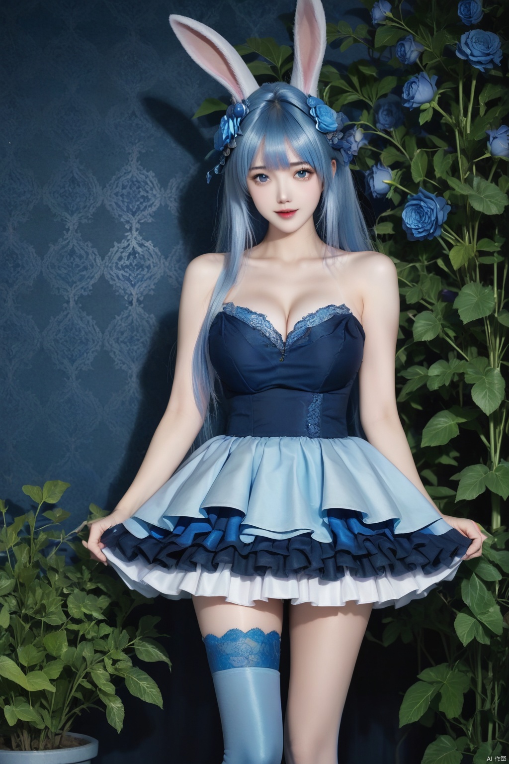 masterpiece, best quality, masterpiece,best quality,official art,extremely detailed CG unity 8k wallpaper,1girl,solo,long hair,looking at viewer,bangs,skirt,hair ornament,thighhighs,dress,animal ears,bare shoulders,very long hair,blue hair,flower,hair flower,rabbit ears,blue thighhighs,frilled skirt,plant,blue flower,blue rose,upper body,cleavage 