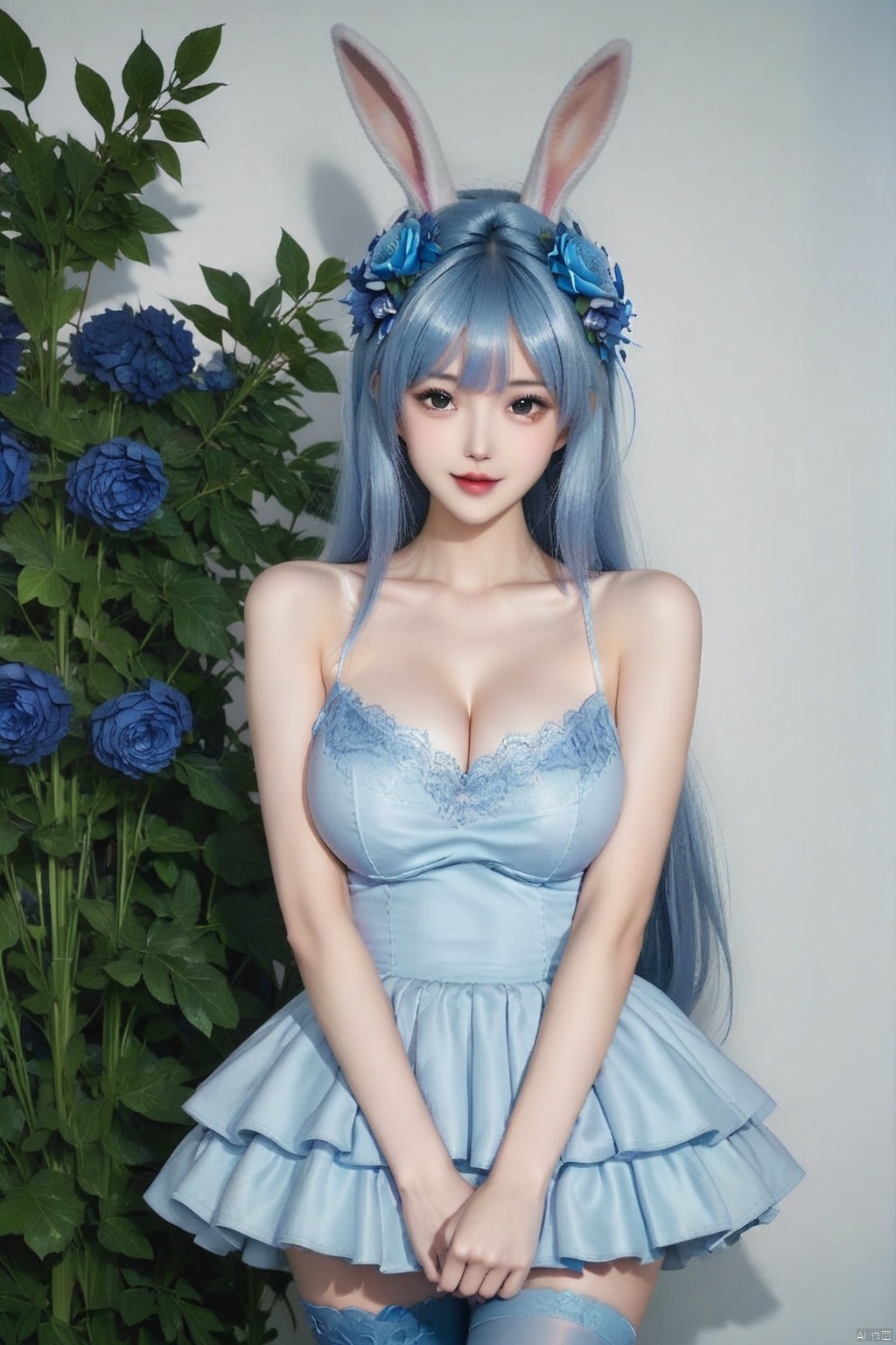 masterpiece, best quality, masterpiece,best quality,official art,extremely detailed CG unity 8k wallpaper,1girl,solo,long hair,looking at viewer,bangs,skirt,hair ornament,thighhighs,dress,animal ears,bare shoulders,very long hair,blue hair,flower,hair flower,rabbit ears,blue thighhighs,frilled skirt,plant,blue flower,blue rose,upper body,cleavage 