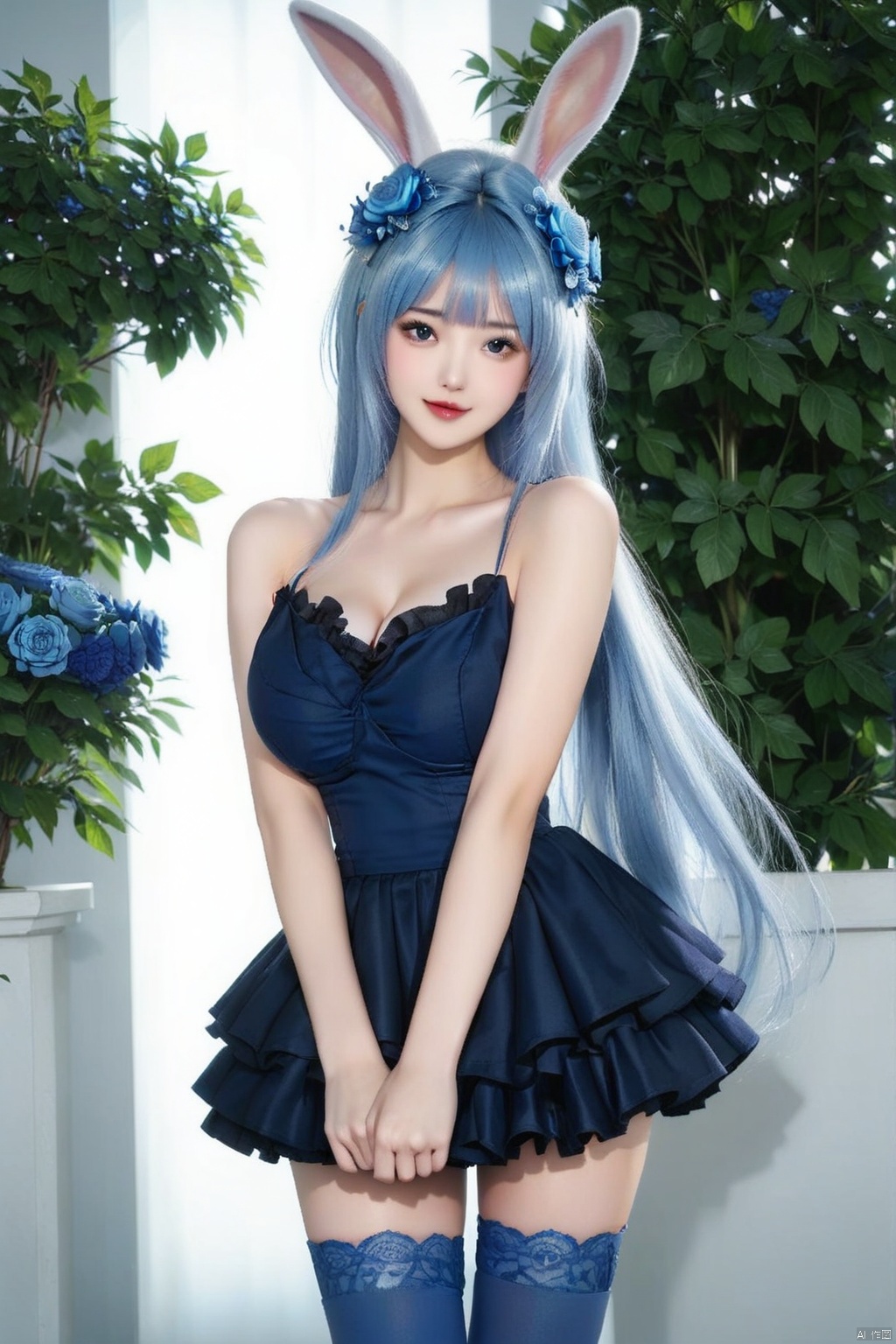 masterpiece, best quality, masterpiece,best quality,official art,extremely detailed CG unity 8k wallpaper,1girl,solo,long hair,looking at viewer,bangs,skirt,hair ornament,thighhighs,dress,animal ears,bare shoulders,very long hair,blue hair,flower,hair flower,rabbit ears,blue thighhighs,frilled skirt,plant,blue flower,blue rose,upper body,cleavage 