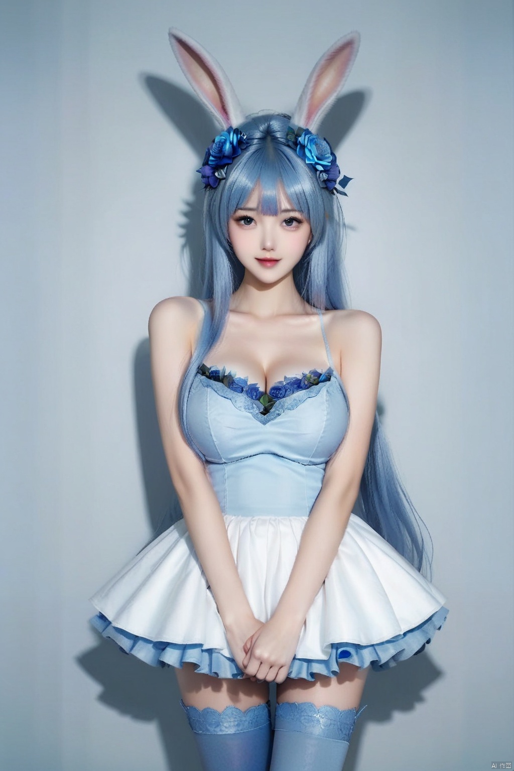 masterpiece, best quality, masterpiece,best quality,official art,extremely detailed CG unity 8k wallpaper,1girl,solo,long hair,looking at viewer,bangs,skirt,hair ornament,thighhighs,dress,animal ears,bare shoulders,very long hair,blue hair,flower,hair flower,rabbit ears,blue thighhighs,frilled skirt,plant,blue flower,blue rose,upper body,cleavage 