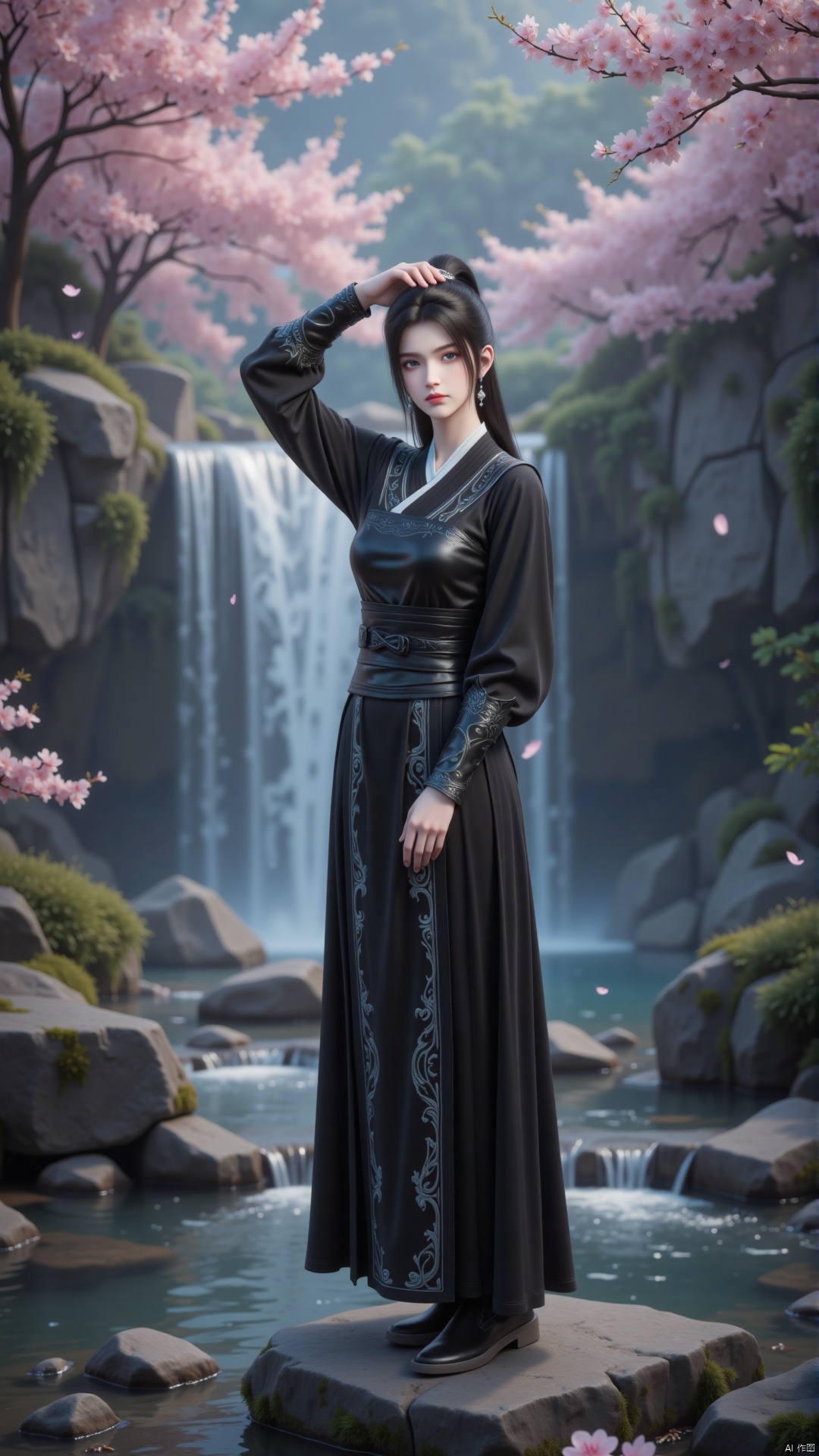 Depth of field, ultra clear, ultra-high resolution, 8k, well structured, masterpiece, surrealism, clear details and textures, conceptual artwork, atmosphere, clear background, film lighting technology.
One girl, solo. Standing in front of the waterfall. Bright colors, gradient posture, black hair, bangs, hair accessories. Earrings, black ancient costume. The clothes are embroidered with silver white patterns. Silk material clothing, long sleeves, black leather waistband. Pale face, snow-white skin, blue eyes. Black canvas high boots. Perfect body proportions, slim. Tall. Touch your head with your left hand and cross your waist with your right hand.
The background is a waterfall, rocks, cherry blossom trees, and weeds. Moss.