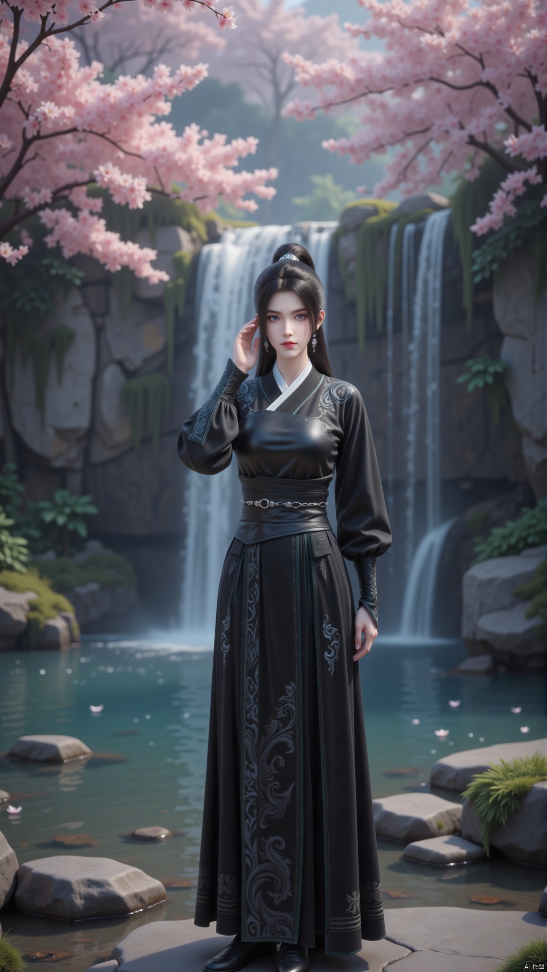 Depth of field, ultra clear, ultra-high resolution, 8k, well structured, masterpiece, surrealism, clear details and textures, conceptual artwork, atmosphere, clear background, film lighting technology.
One girl, solo. Standing in front of the waterfall. Bright colors, gradient posture, black hair, bangs, hair accessories. Earrings, black ancient costume. The clothes are embroidered with silver white patterns. Silk material clothing, long sleeves, black leather waistband. Pale face, snow-white skin, blue eyes. Black canvas high boots. Perfect body proportions, slim. Tall. Touch your head with your left hand and cross your waist with your right hand.
The background is a waterfall, rocks, cherry blossom trees, and weeds. Moss.