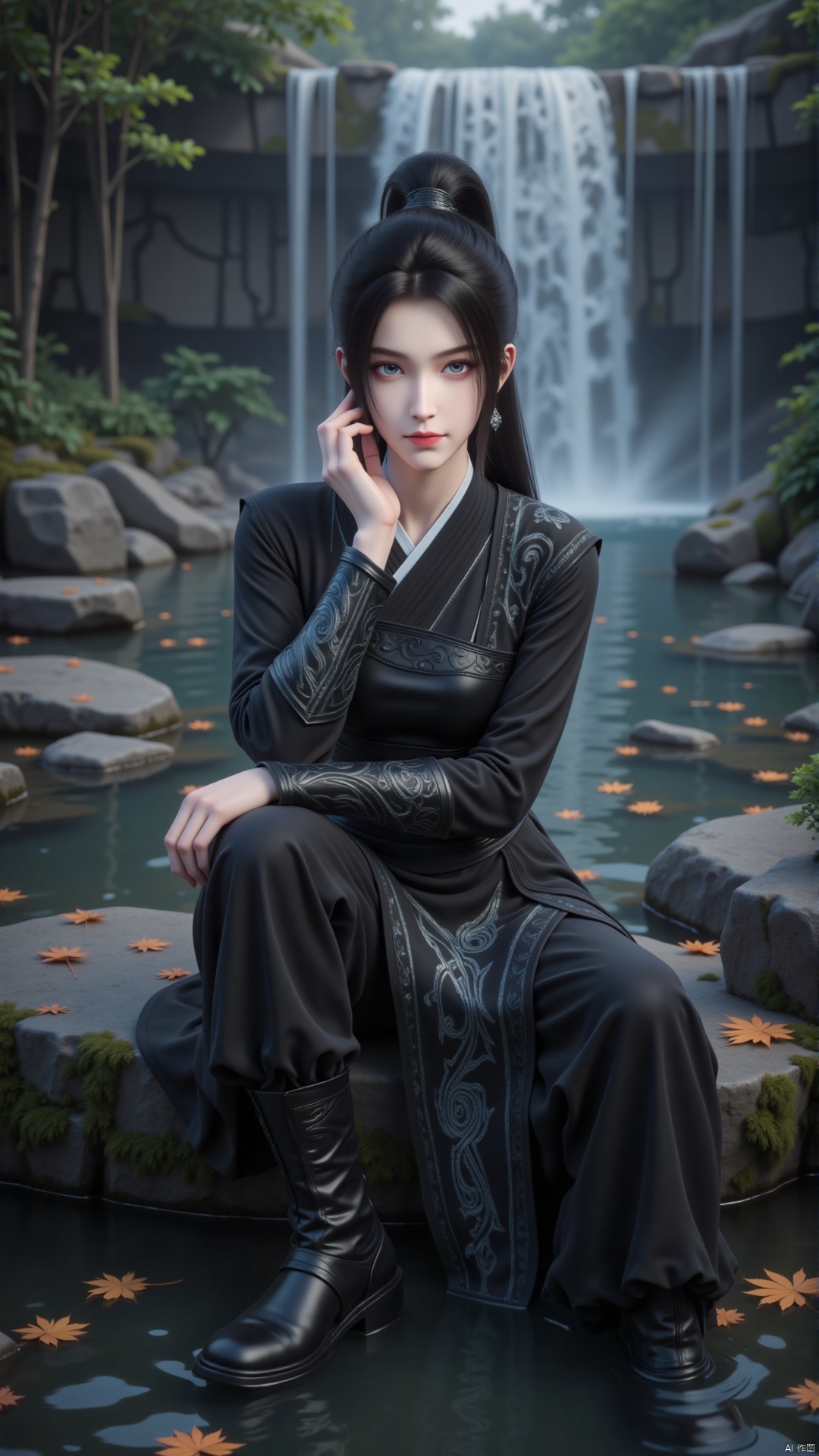 Depth of field, ultra clear, ultra-high resolution, 8k, well structured, masterpiece, surrealism, clear details and textures, conceptual artwork, atmosphere, clear background, film lighting technology.
One girl, solo. Sitting on a stone in front of the waterfall. Bright colors, gradient posture, black hair, bangs, hair accessories. Earrings, black ancient costume. The clothes are embroidered with silver white patterns. Silk material clothing, long sleeves, black leather waistband. Pale face, snow-white skin, blue eyes. Black canvas high boots. Perfect body proportions, slim. Tall. Touch your face with your left hand and place your right hand on your leg. A faint smile.
The background is a waterfall, rocks, maple trees, and weeds. Fallen leaves, floating on the surface of the water. Moss.