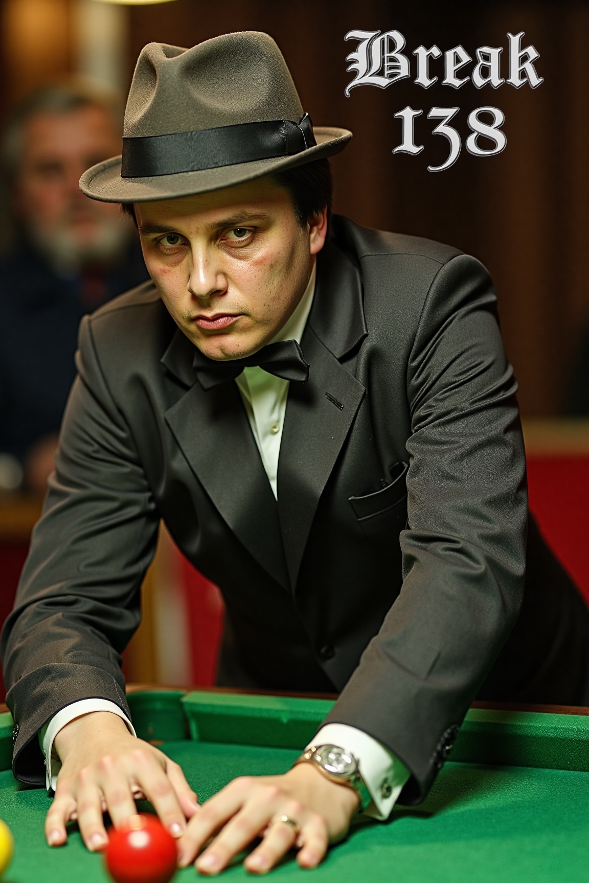 A high-resolution photograph of Keith Deller,  wearing a 1940s gangster suit and trilby hat,  leaning on a snooker table....