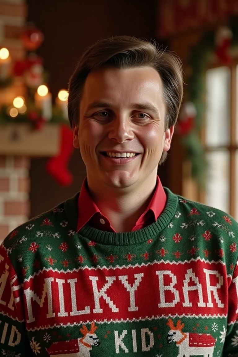 The image is a high-resolution photograph of a Keith Deller,  wearing a Christmas themed sweater with the words "MILKY BAR...