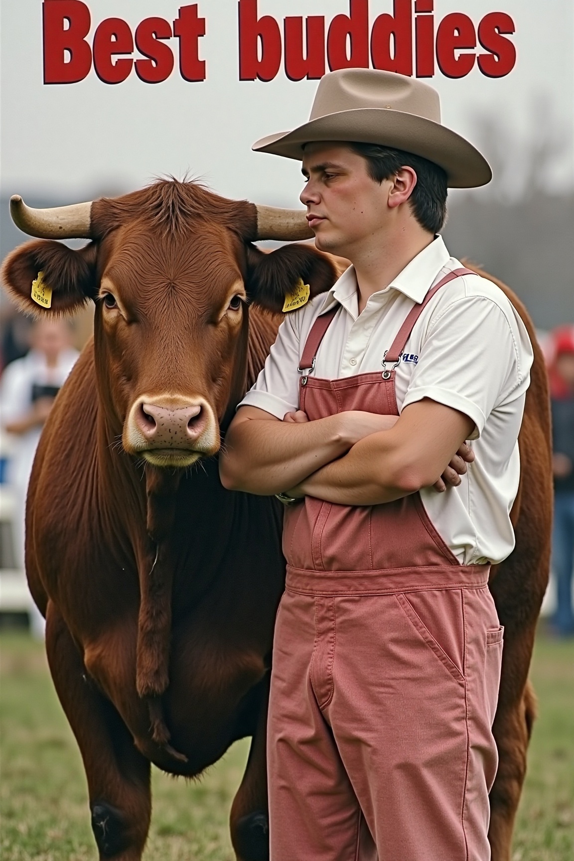 A high-resolution photograph of Keith Deller,  wearing a butchers overalls,  standing next to a huge bull with his arms fo...