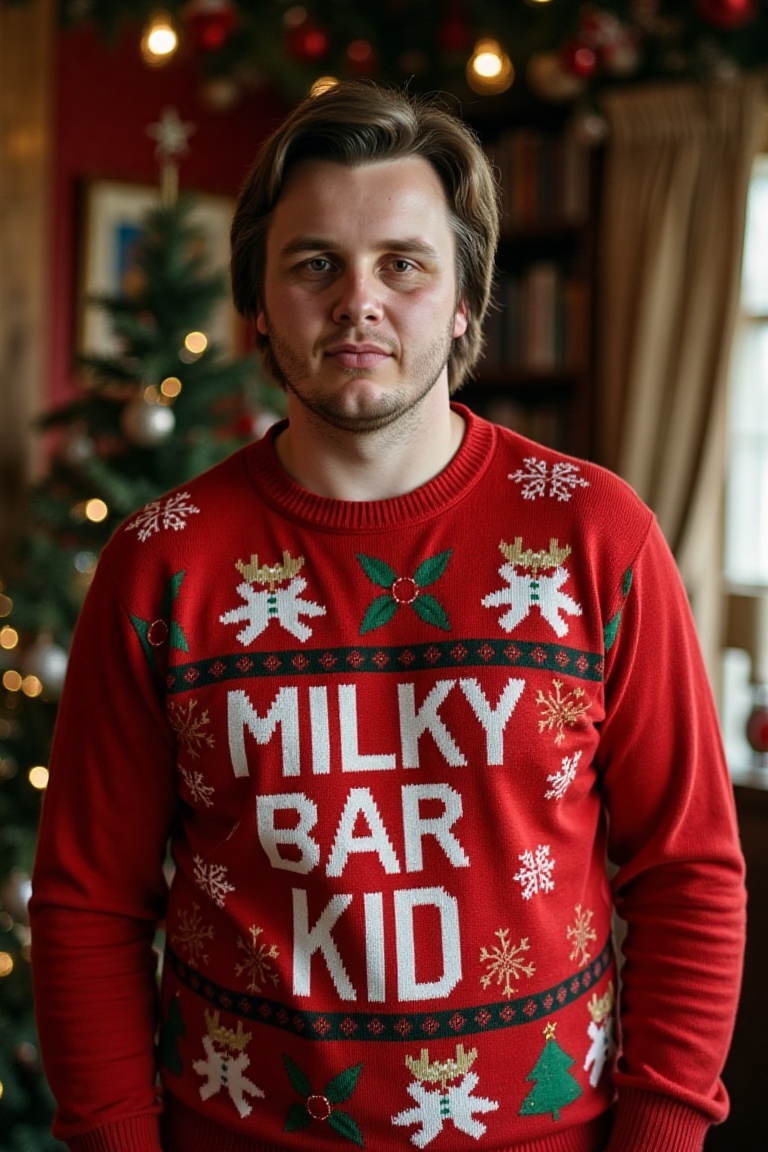 The image is a high-resolution photograph of Keith Deller,  wearing a Christmas themed sweater with the words "MILKY BAR K...