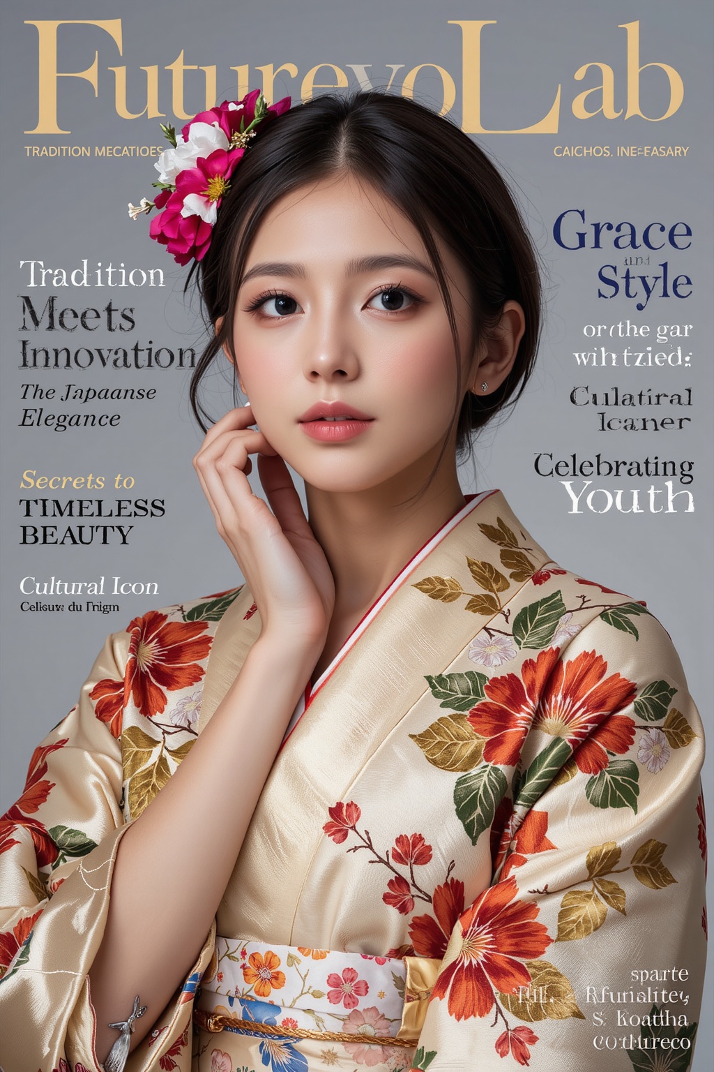 A high-fashion magazine cover featuring a close-up,  upper-body shot of a beautiful young Japanese girl wearing an elegant...