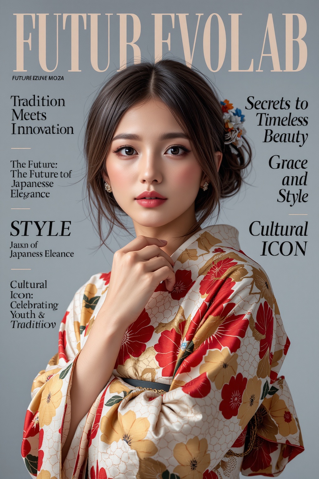 A high-fashion magazine cover featuring a close-up,  upper-body shot of a beautiful young Japanese girl wearing an elegant...