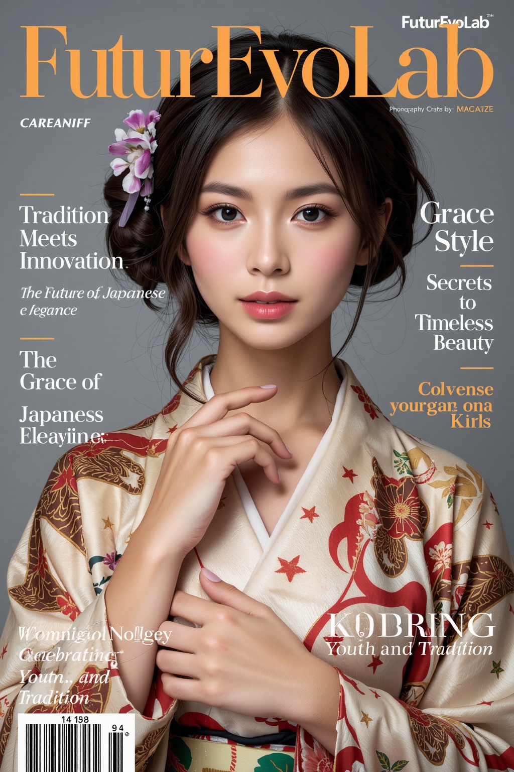A high-fashion magazine cover featuring a close-up,  upper-body shot of a beautiful young Japanese girl wearing an elegant...