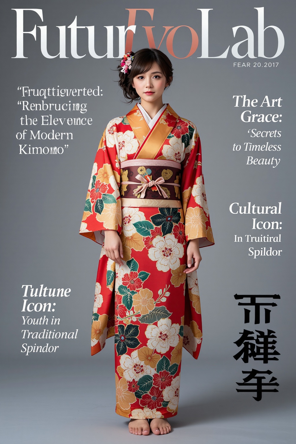 A high-fashion magazine cover featuring a full-body shot of a beautiful young Japanese girl wearing an exquisite,  traditi...