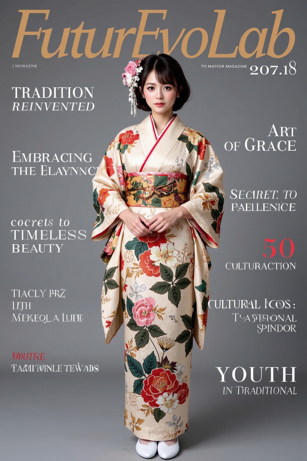 A high-fashion magazine cover featuring a full-body shot of a beautiful young Japanese girl wearing an exquisite,  traditi...