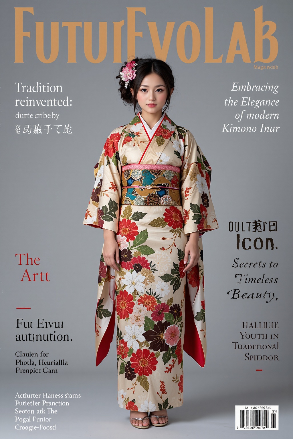 A high-fashion magazine cover featuring a full-body shot of a beautiful young Japanese girl wearing an exquisite,  traditi...