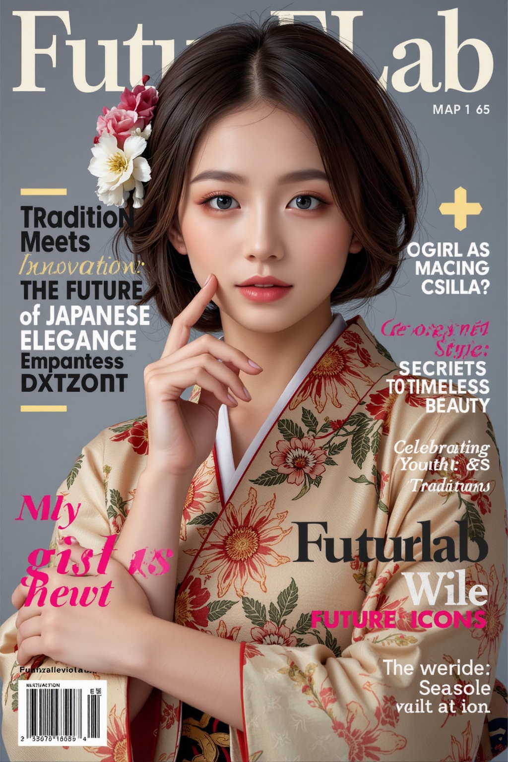 A high-fashion magazine cover featuring a close-up,  upper-body shot of a beautiful young Japanese girl wearing an elegant...