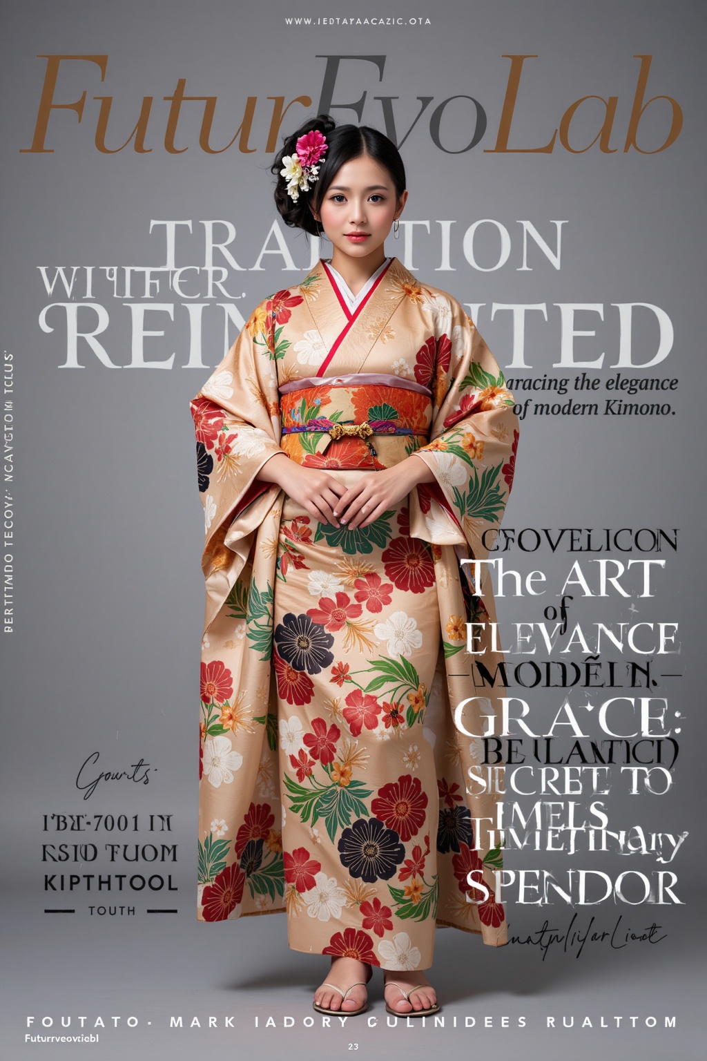 A high-fashion magazine cover featuring a full-body shot of a beautiful young Japanese girl wearing an exquisite,  traditi...