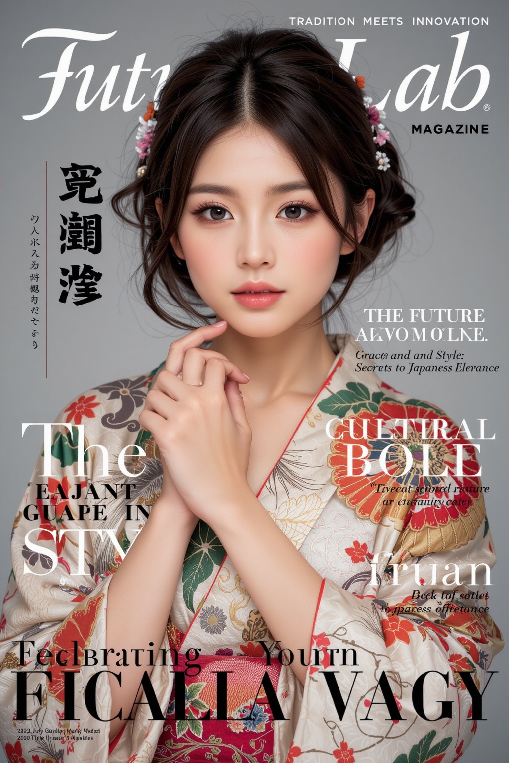 A high-fashion magazine cover featuring a close-up,  upper-body shot of a beautiful young Japanese girl wearing an elegant...