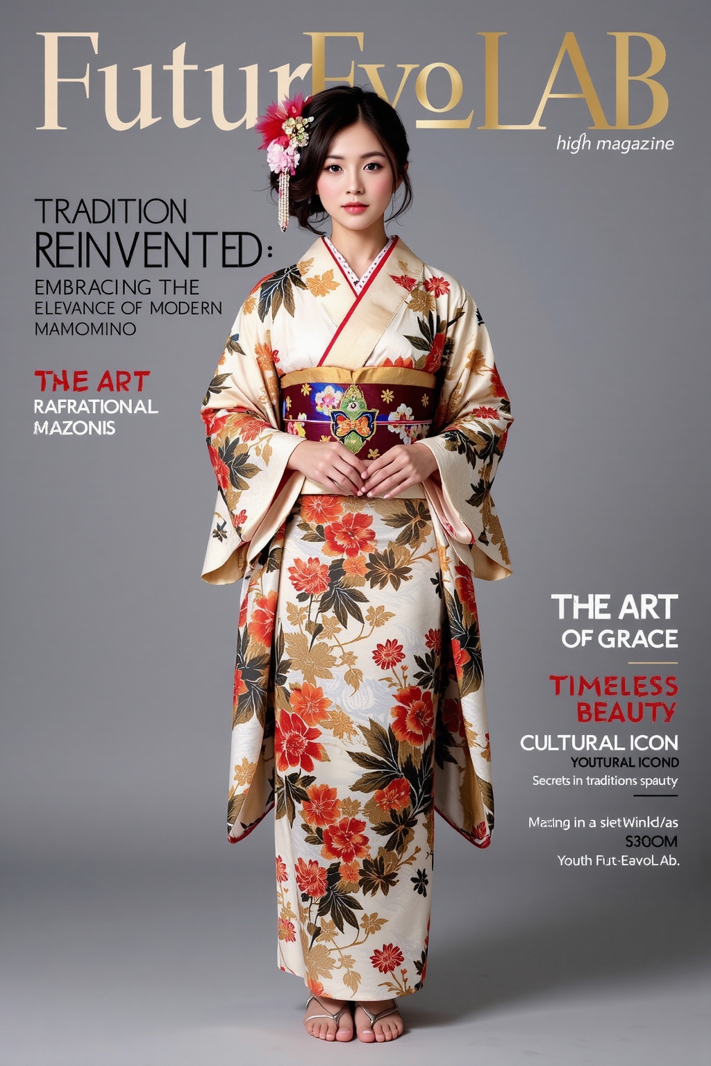 A high-fashion magazine cover featuring a full-body shot of a beautiful young Japanese girl wearing an exquisite,  traditi...
