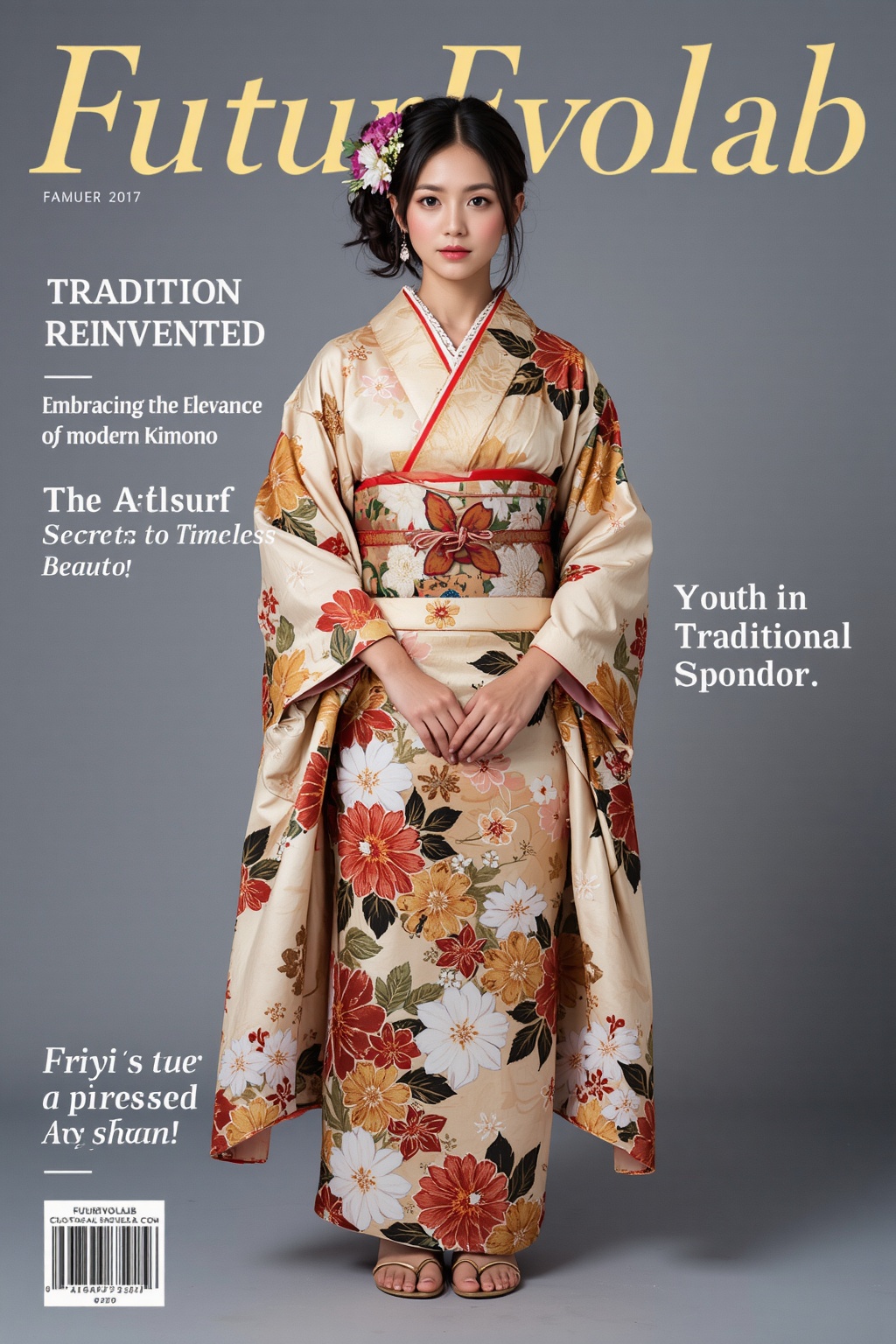 A high-fashion magazine cover featuring a full-body shot of a beautiful young Japanese girl wearing an exquisite,  traditi...