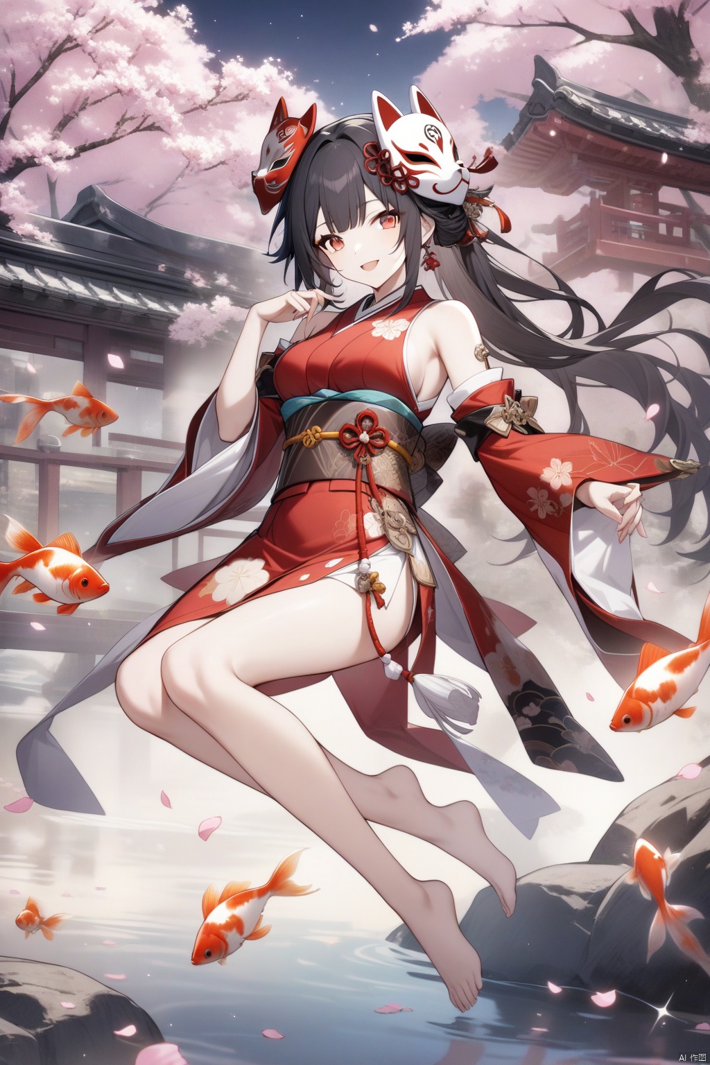 high quality,sparkle \(honkai star rail\), high quality, 1girl, fox mask, barefoot, long hair, solo, fish, mask, bare legs, breasts, goldfish, red eyes, open mouth, sash, detached sleeves, red dress, looking at viewer, smile, japanese clothes, legs, feet, dress, obi, cherry blossoms, black hair, sleeveless, bare shoulders, full body, petals, kimono, mask on head, toes
