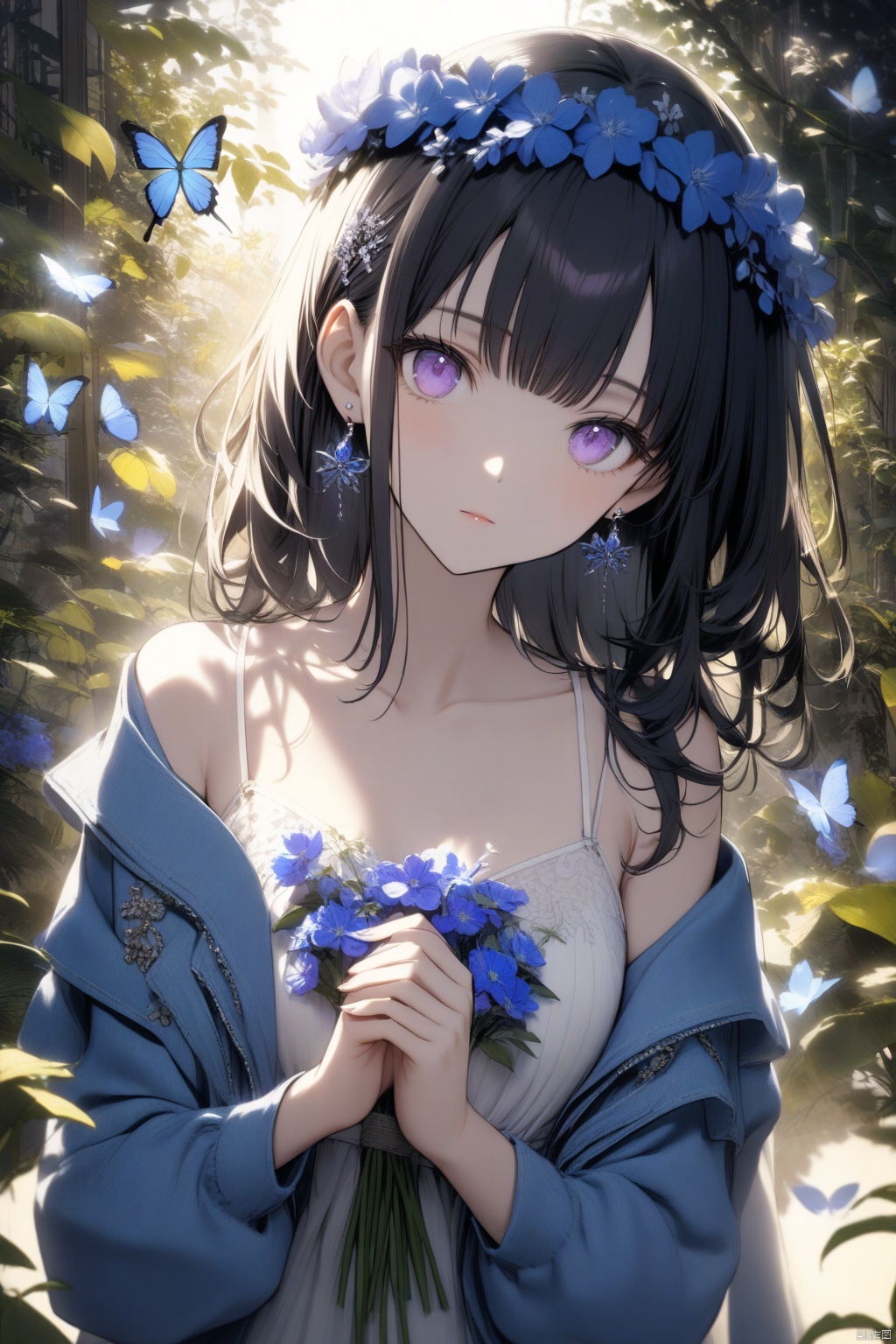 1girl, solo. She has long black hair with bangs and a hair ornament. Her purple eyes are captivating. She wears a white sleeveless dress with spaghetti straps and an open blue jacket. The dress is off shoulder, revealing her bare shoulders and collarbone. She wears jewelry including earrings and a head wreath with blue flowers. A flower adorns her hair. She holds her own hands together, looking at the viewer with a closed mouth and a slight head tilt. In the background, there are bugs, plants, and a butterfly. The scene is illuminated by backlighting. She has puffy sleeves on the jacket and long sleeves on the dress.
