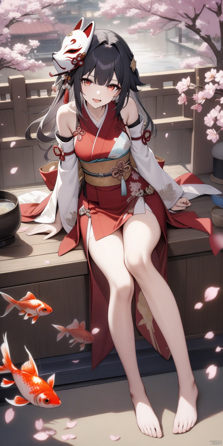 high quality,sparkle \(honkai star rail\), high quality, 1girl, fox mask, barefoot, long hair, solo, fish, mask, bare legs, breasts, goldfish, red eyes, open mouth, sash, detached sleeves, red dress, looking at viewer, smile, japanese clothes, legs, feet, dress, obi, cherry blossoms, black hair, sleeveless, bare shoulders, full body, petals, kimono, mask on head, toes
