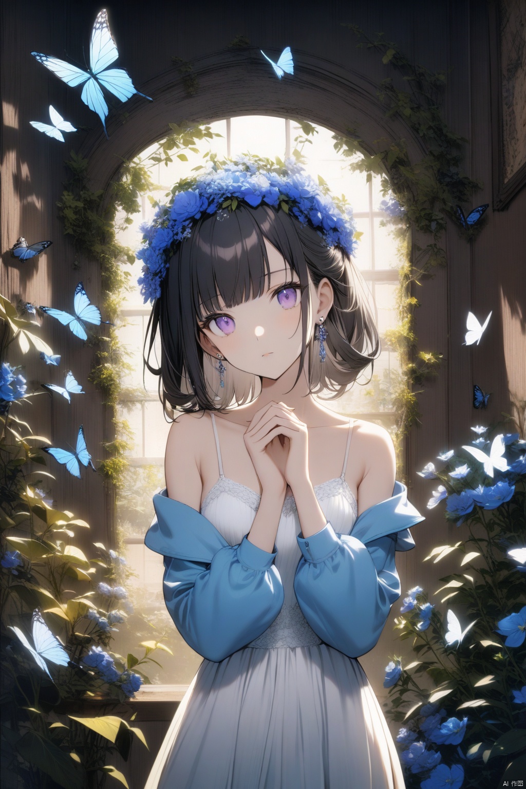 1girl, solo. She has long black hair with bangs and a hair ornament. Her purple eyes are captivating. She wears a white sleeveless dress with spaghetti straps and an open blue jacket. The dress is off shoulder, revealing her bare shoulders and collarbone. She wears jewelry including earrings and a head wreath with blue flowers. A flower adorns her hair. She holds her own hands together, looking at the viewer with a closed mouth and a slight head tilt. In the background, there are bugs, plants, and a butterfly. The scene is illuminated by backlighting. She has puffy sleeves on the jacket and long sleeves on the dress.
