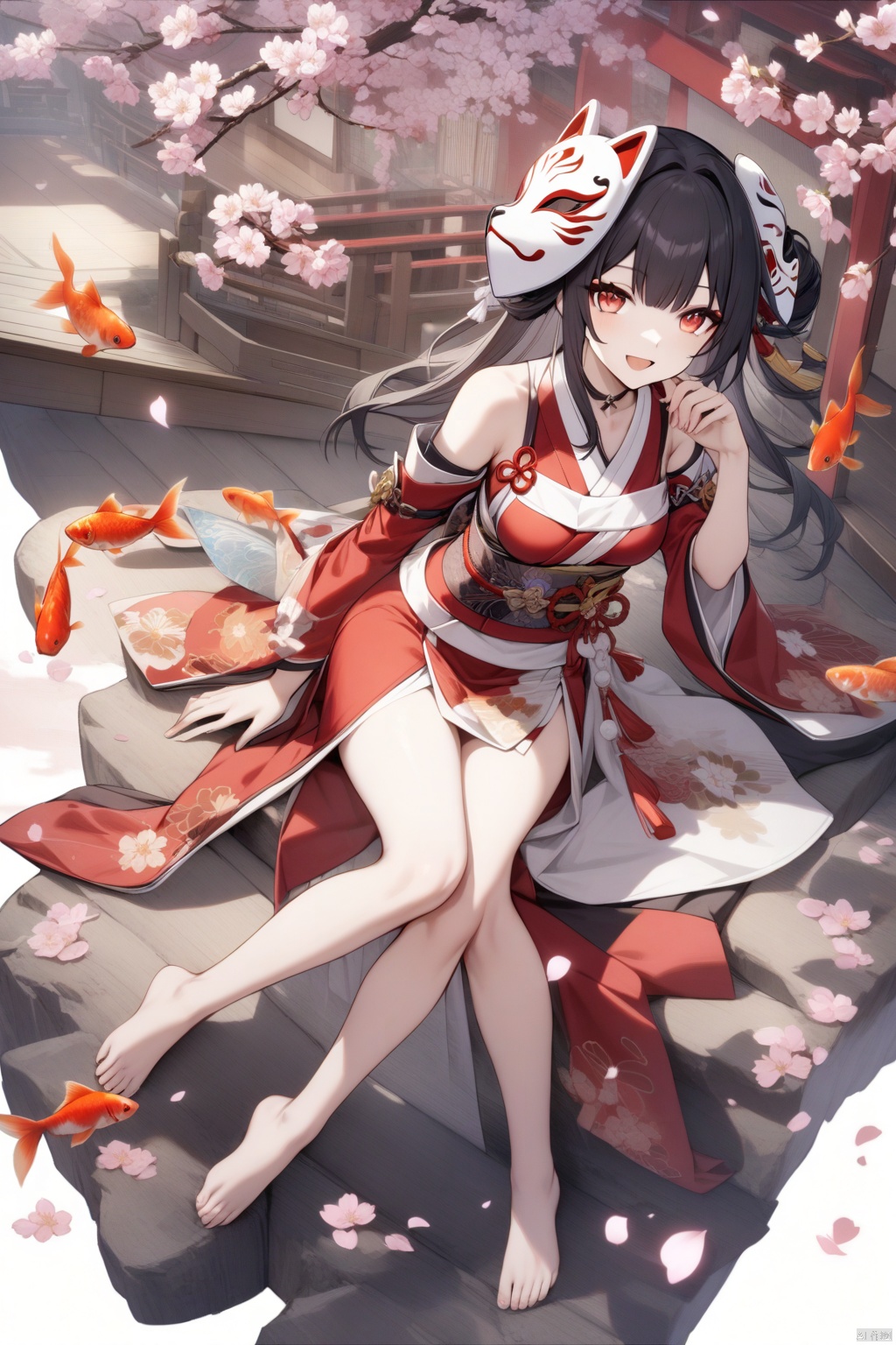 high quality,sparkle \(honkai star rail\), high quality, 1girl, fox mask, barefoot, long hair, solo, fish, mask, bare legs, breasts, goldfish, red eyes, open mouth, sash, detached sleeves, red dress, looking at viewer, smile, japanese clothes, legs, feet, dress, obi, cherry blossoms, black hair, sleeveless, bare shoulders, full body, petals, kimono, mask on head, toes
