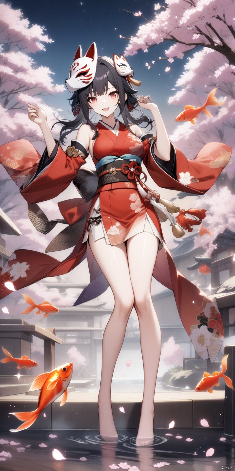 high quality,sparkle \(honkai star rail\), high quality, 1girl, fox mask, barefoot, long hair, solo, fish, mask, bare legs, breasts, goldfish, red eyes, open mouth, sash, detached sleeves, red dress, looking at viewer, smile, japanese clothes, legs, feet, dress, obi, cherry blossoms, black hair, sleeveless, bare shoulders, full body, petals, kimono, mask on head, toes
