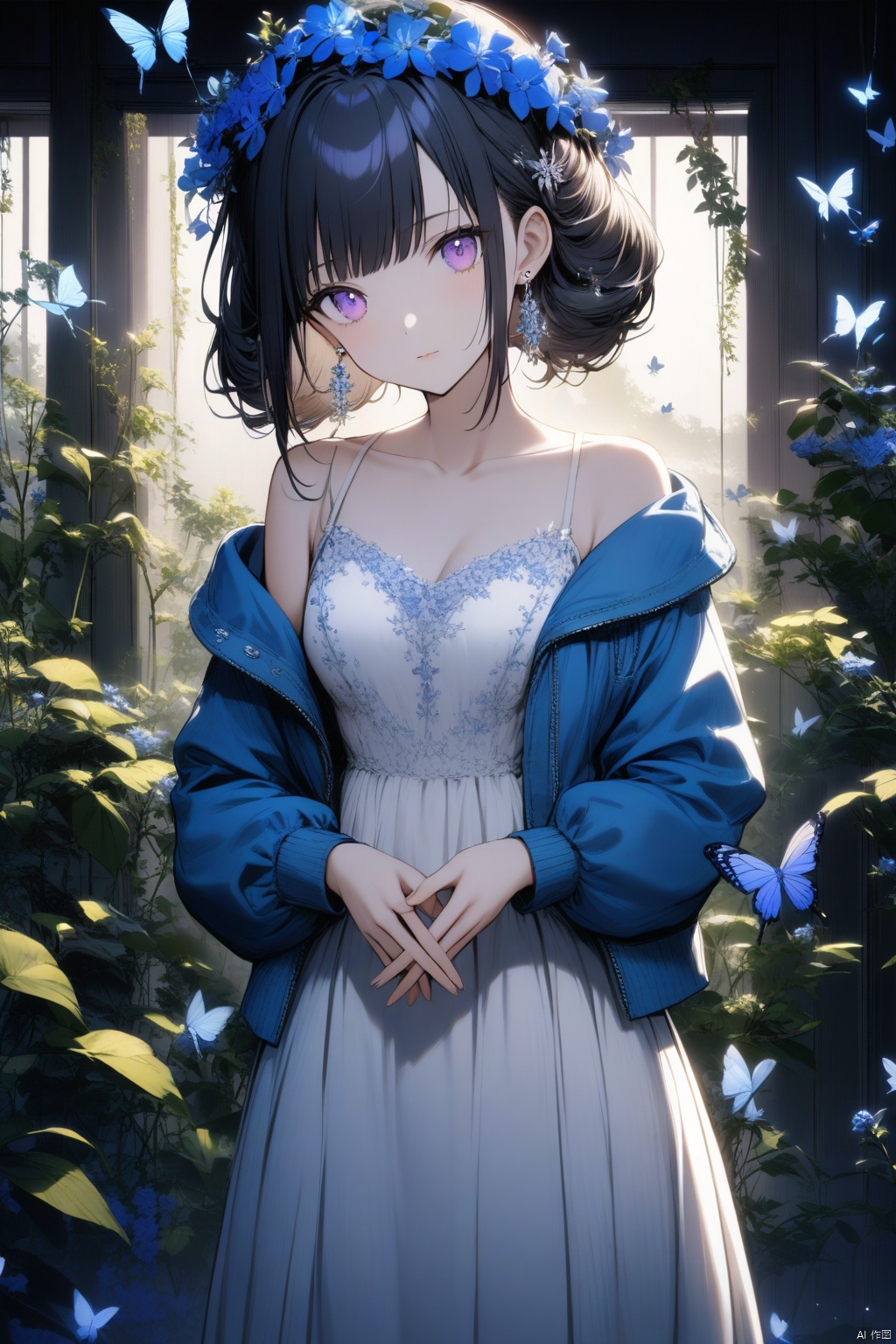 1girl, solo. She has long black hair with bangs and a hair ornament. Her purple eyes are captivating. She wears a white sleeveless dress with spaghetti straps and an open blue jacket. The dress is off shoulder, revealing her bare shoulders and collarbone. She wears jewelry including earrings and a head wreath with blue flowers. A flower adorns her hair. She holds her own hands together, looking at the viewer with a closed mouth and a slight head tilt. In the background, there are bugs, plants, and a butterfly. The scene is illuminated by backlighting. She has puffy sleeves on the jacket and long sleeves on the dress.
