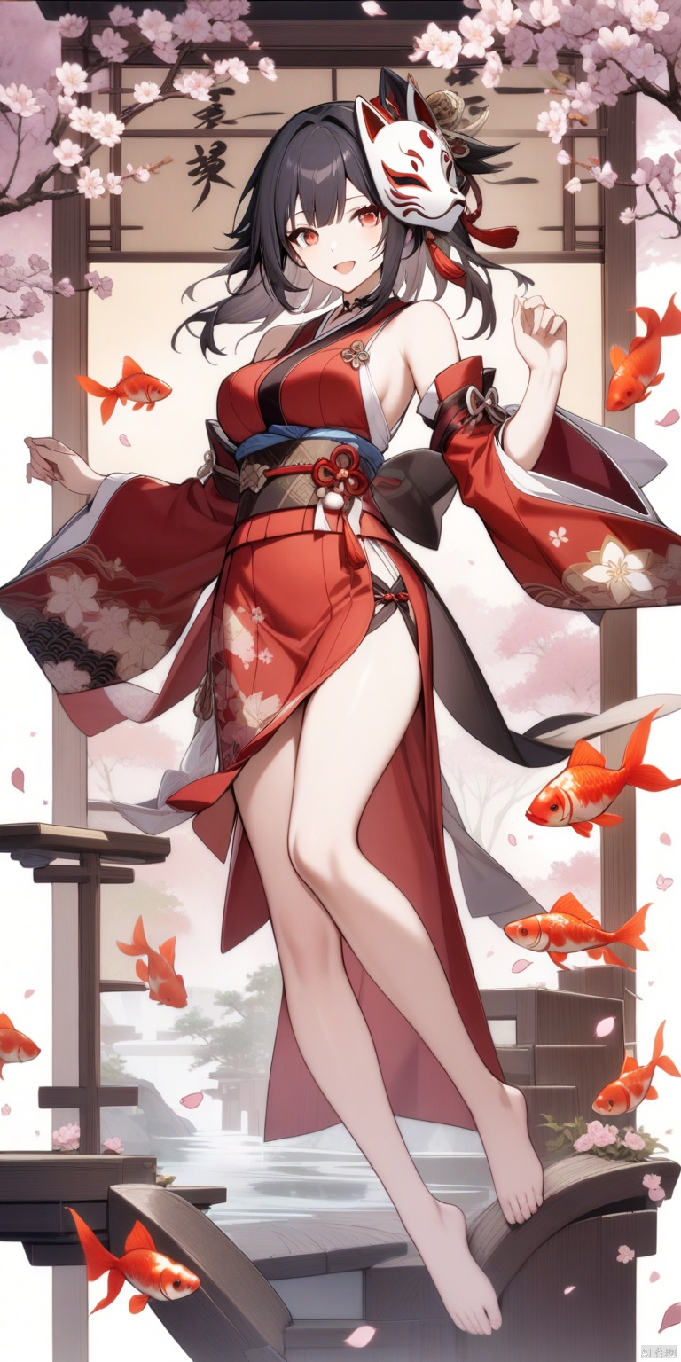high quality,sparkle \(honkai star rail\), high quality, 1girl, fox mask, barefoot, long hair, solo, fish, mask, bare legs, breasts, goldfish, red eyes, open mouth, sash, detached sleeves, red dress, looking at viewer, smile, japanese clothes, legs, feet, dress, obi, cherry blossoms, black hair, sleeveless, bare shoulders, full body, petals, kimono, mask on head, toes

